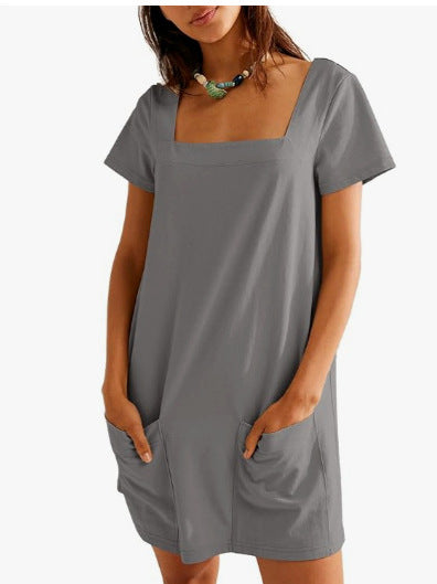 Women Fashion Casual Solid Color Square Neck Dress