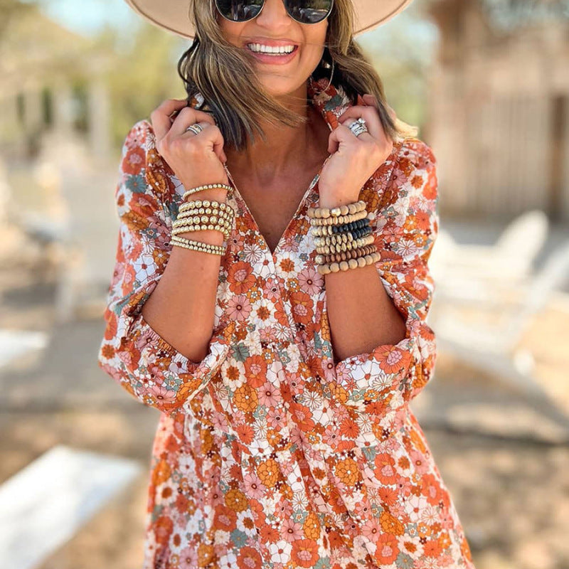 Robe mi-longue décontractée à manches longues et imprimé floral style bohème pour femme