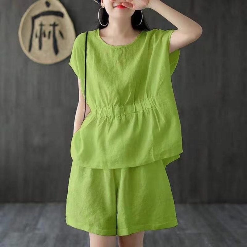 Women Fashion Casual Cotton Linen Two-Piece Set