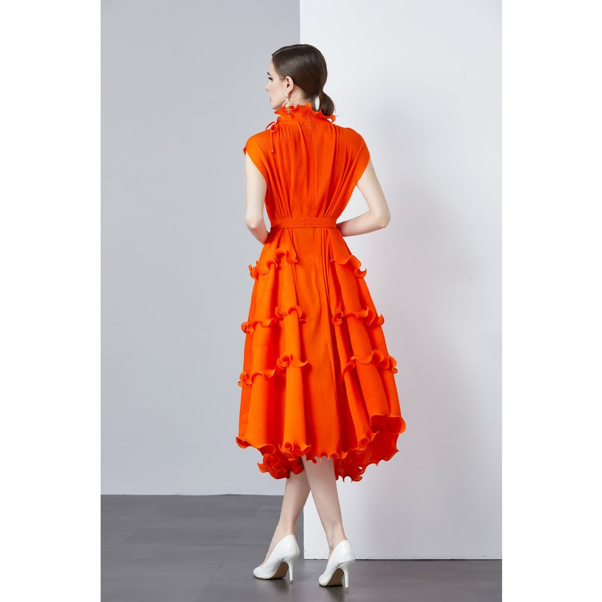 Women Solid Color Pleated Chiffon Dress