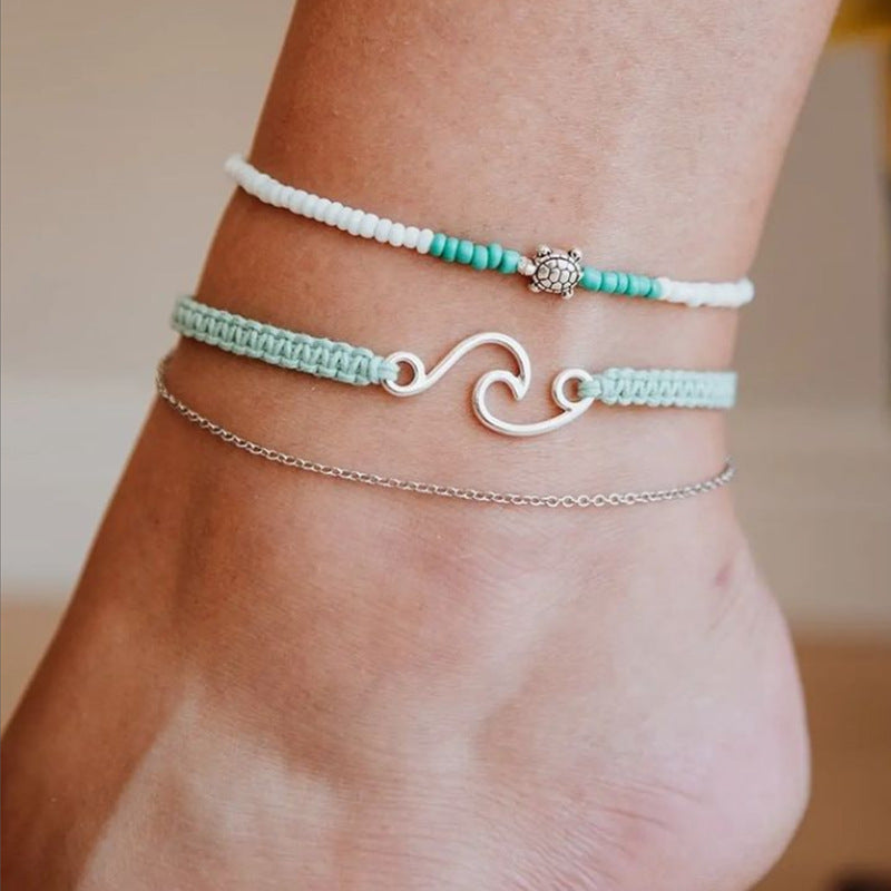Conjunto de tobillera con colgante de tortuga con cuentas verdes bohemias