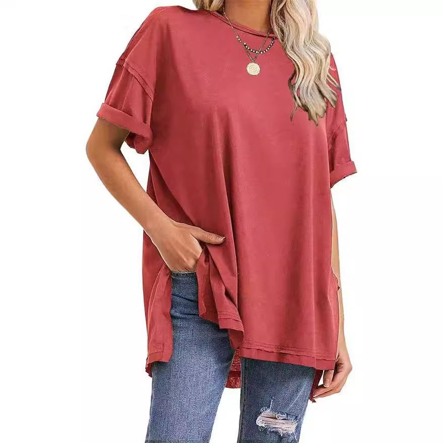 Women Casual Solid Crewneck Loose Tee in Cotton