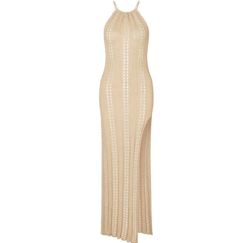 Women Sexy Solid Color Side Split Backless Dress