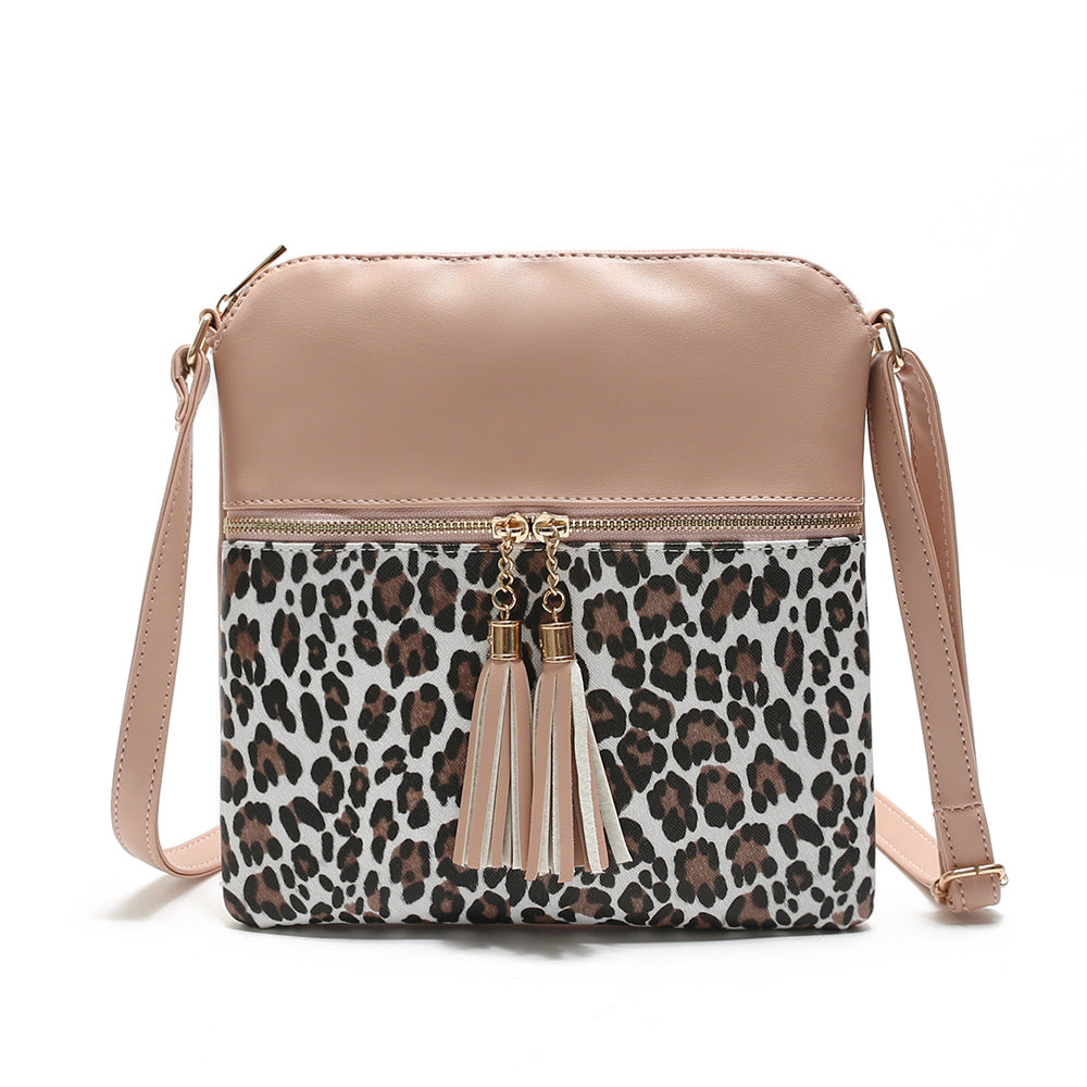 Women Contrast Color Leopard Tassel Bag