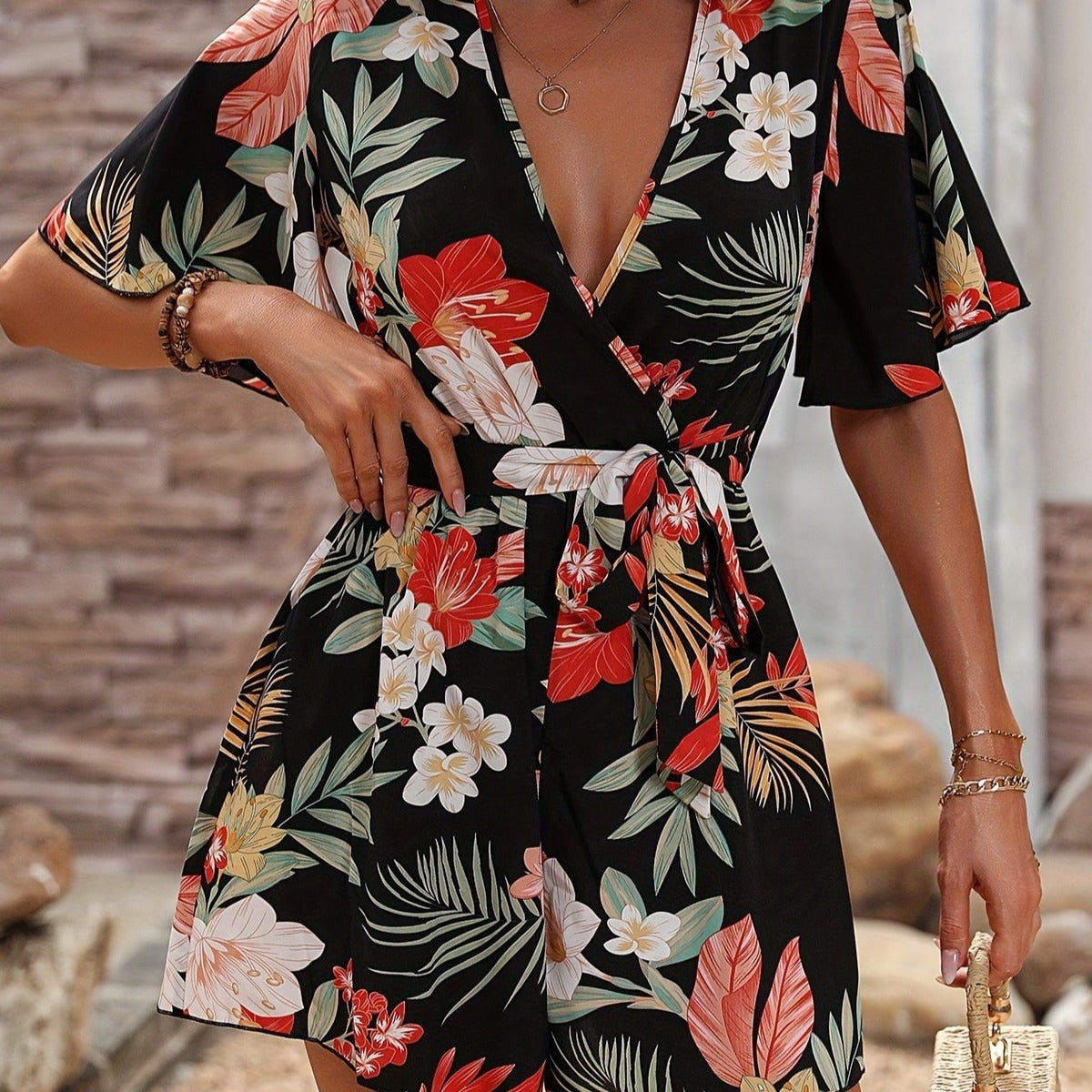 Women Casual Vacation Print V-Neck Rompers
