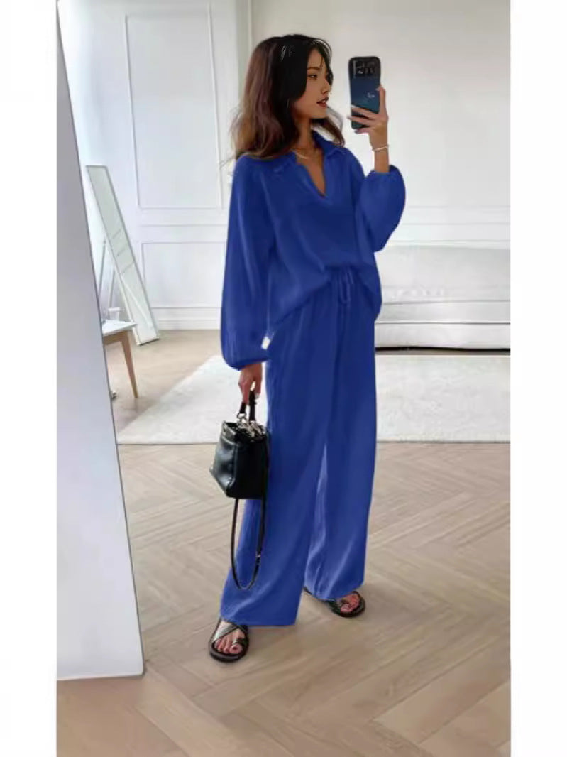 Ensemble deux pièces à col en V et couleur unie pour femme