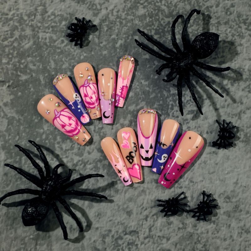 Women Halloween Pink Purple Purple Pumpkin Heart White Ghost Nails