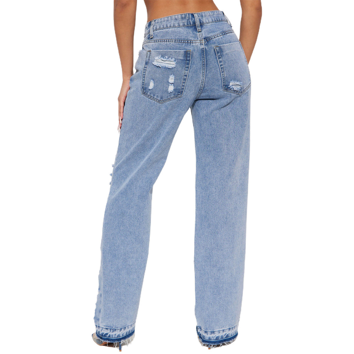 Jean évasé en denim micro-extensible déchiré pour femme, bleu ciel