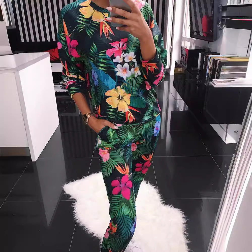 Women Casual Print Long-Sleeve Sweatshirt and Pants Set