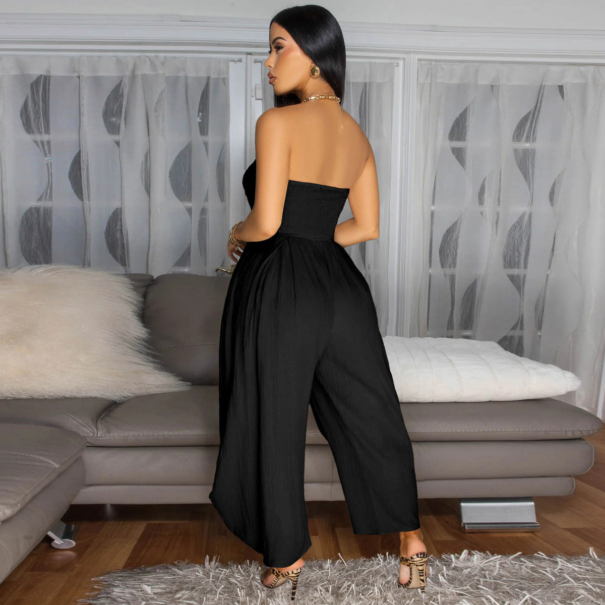 Women Summer Fashion Solid Color Strapless Jumpsuit