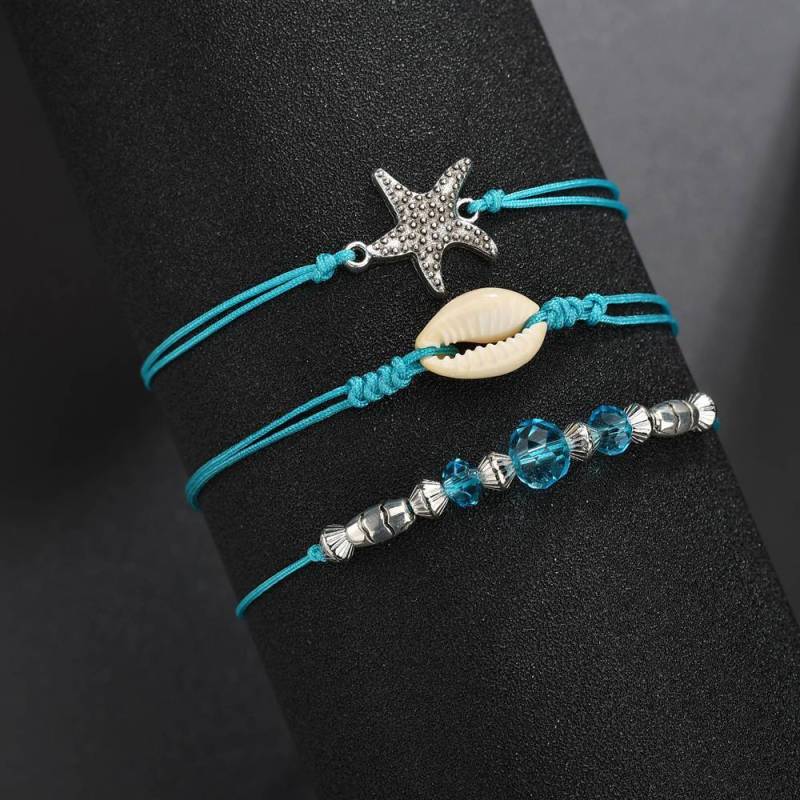 Conjunto de tobillera con cuentas azules, estrellas de mar y conchas bohemias