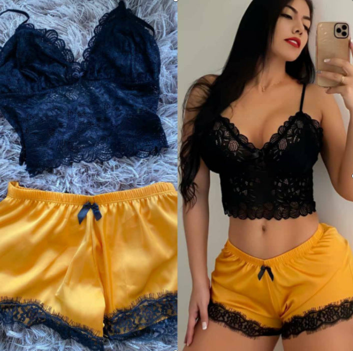 Women's Fashion Comfortable Casual Lace Satin Pajama Suit