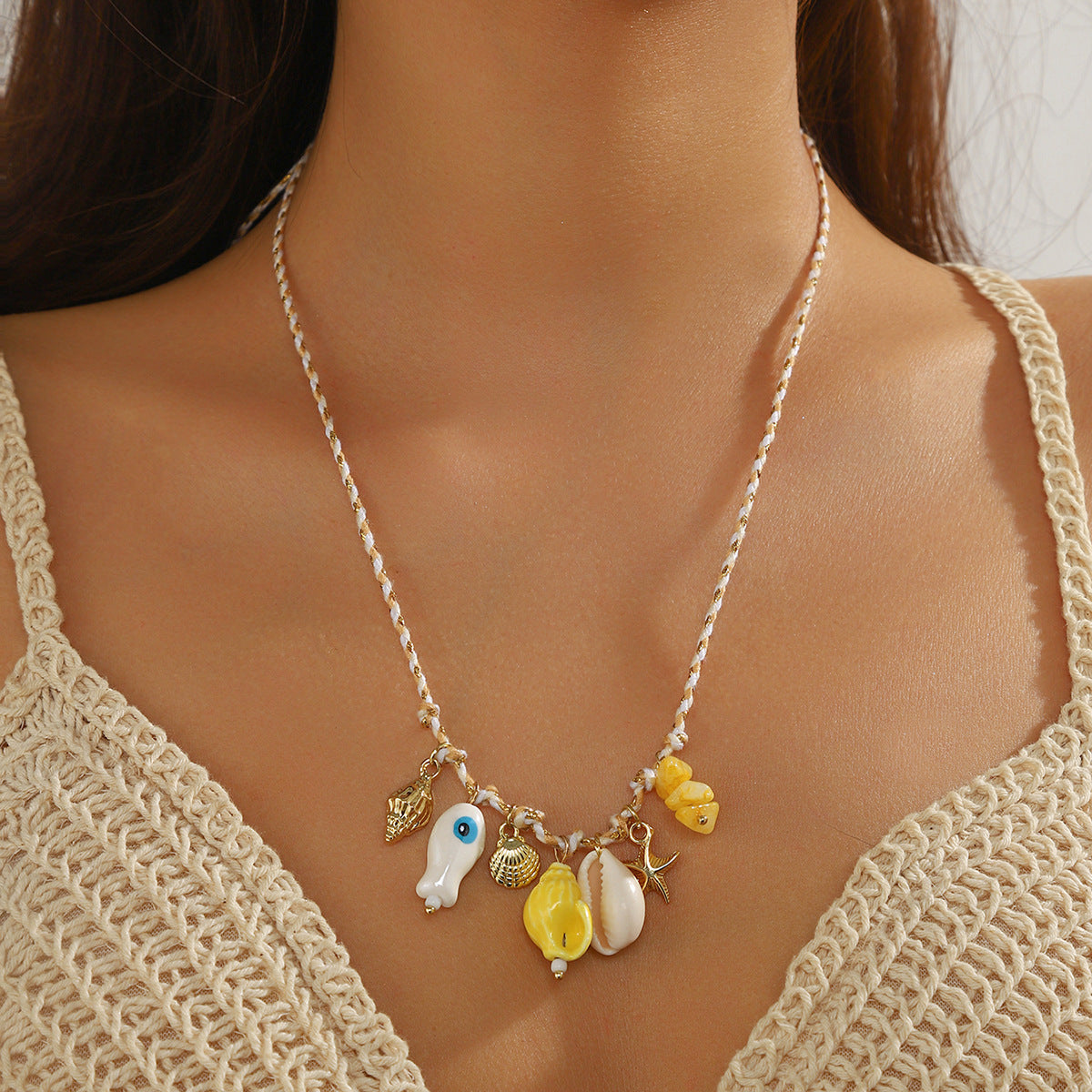 Collar de cuerda de cerámica con forma de estrella de mar y dopamina con concha de viento para vacaciones en el océano