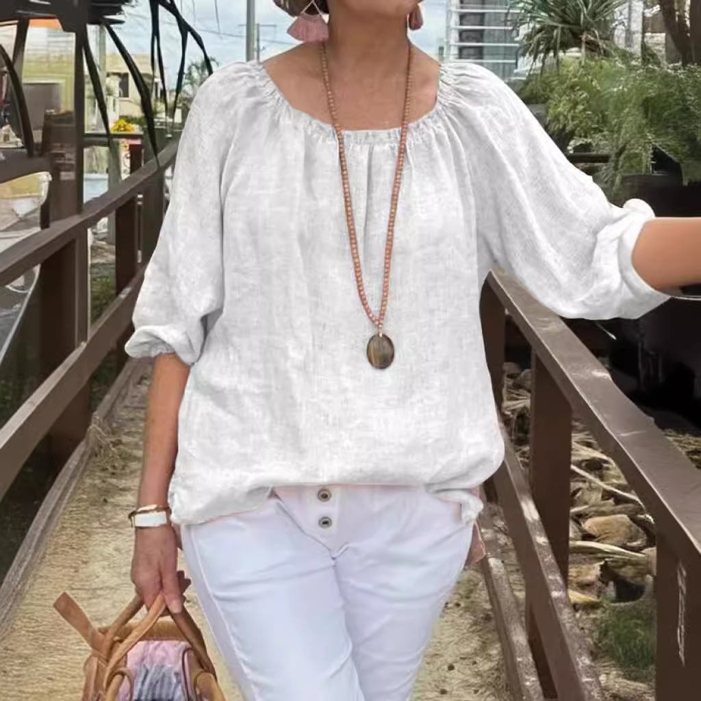 Top informal de lino y algodón con cuello redondo de color liso para mujer