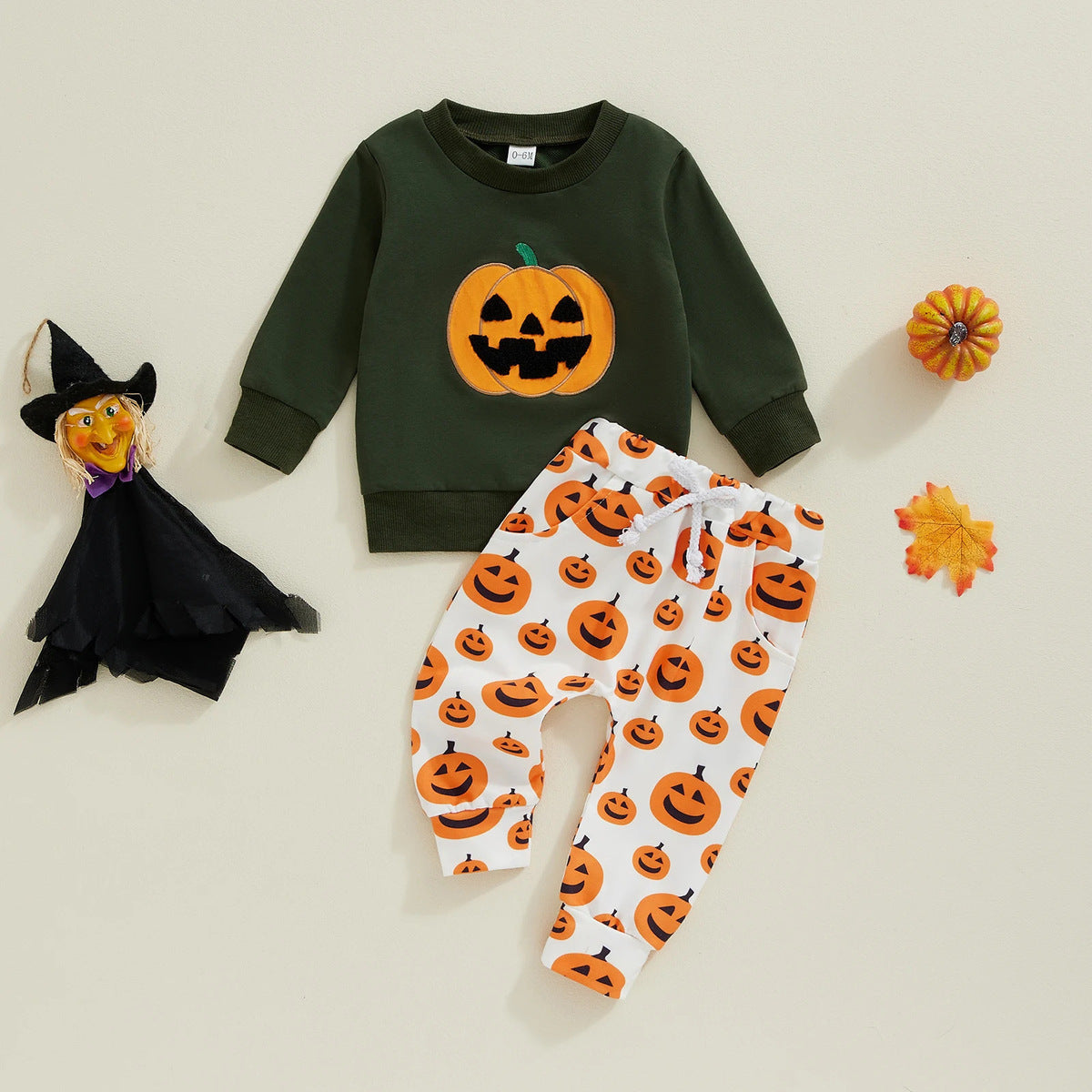 Conjunto de manga larga de algodón con estampado de calabaza de Halloween para niños