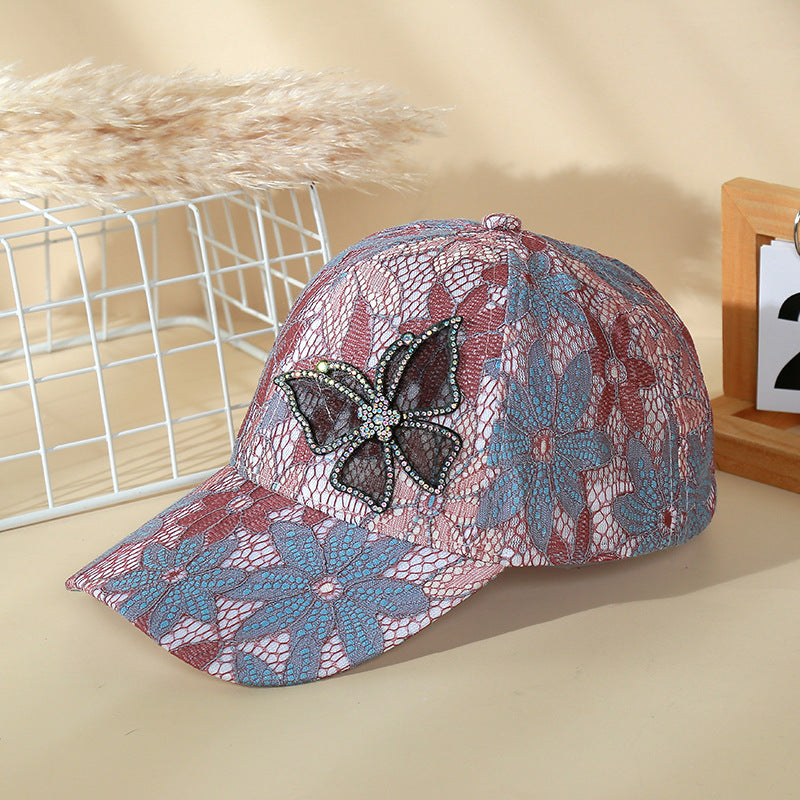 Gorra de béisbol con mariposas y encaje de diamantes de imitación para mujer