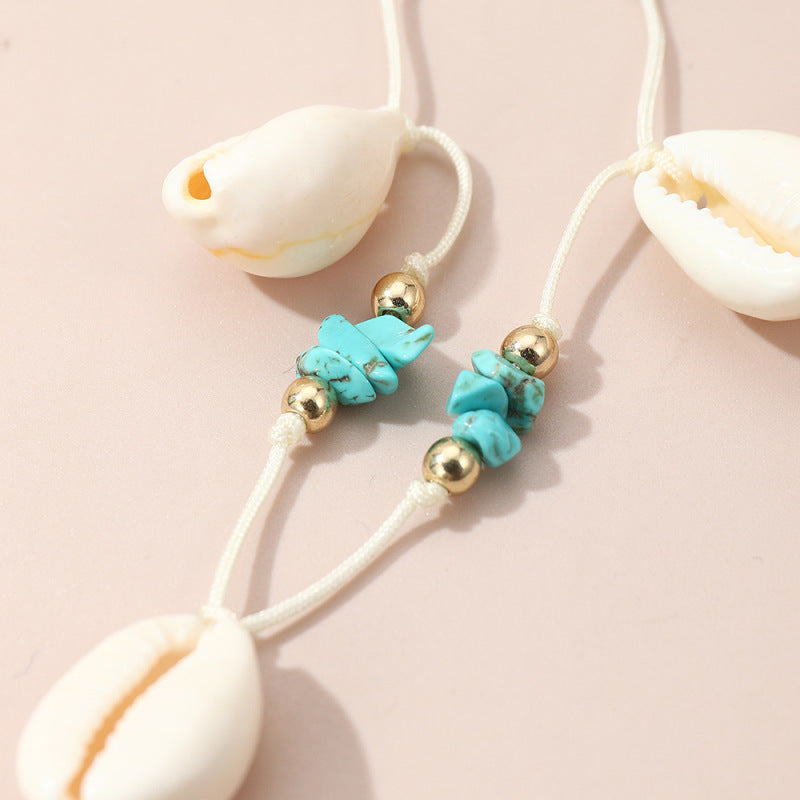 Tobillera con borlas de conchas turquesas bohemias