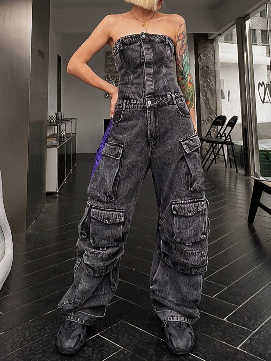 Fashion Street Women Strapless Multi-Pocket Denim Jumpsuit