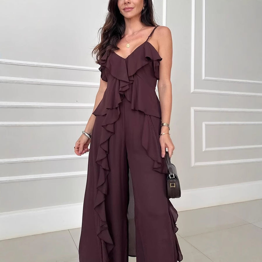 Conjunto de dos piezas de top y pantalón con volantes de gasa de color liso para mujer de verano