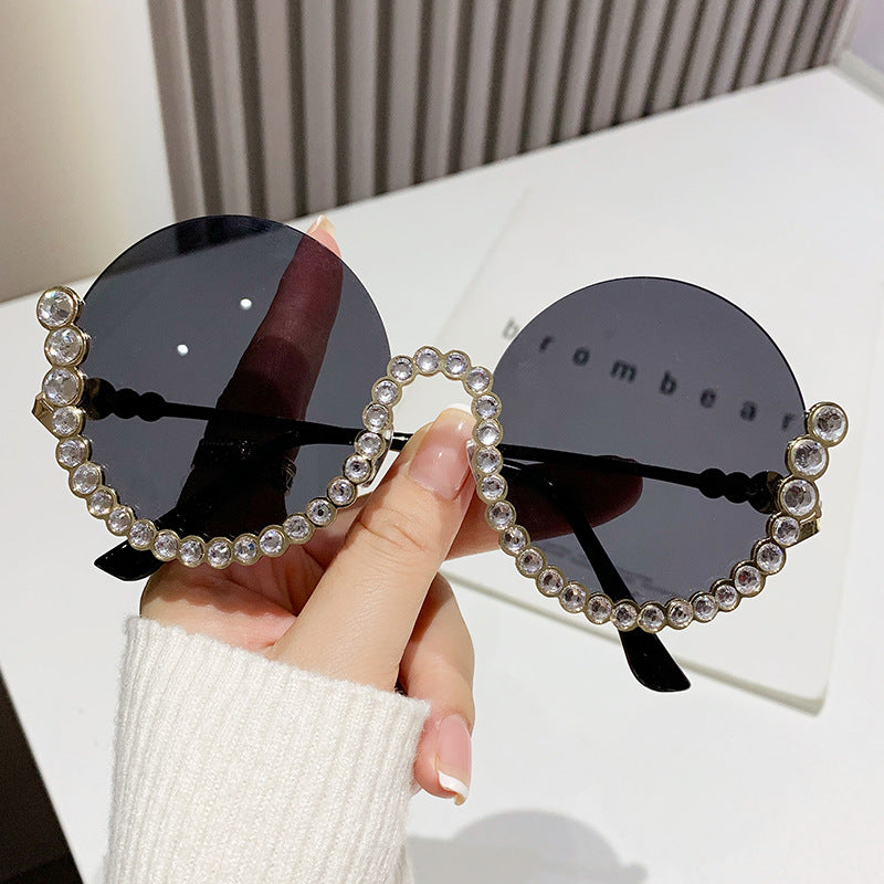 Fashion Metal Rhinestone Round Half Frame Sunglasses
