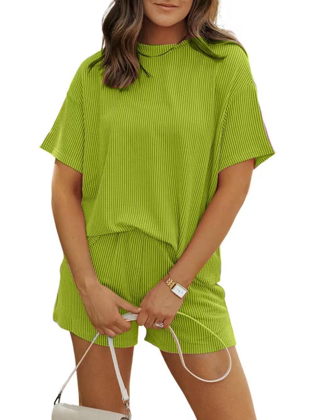 Conjunto de camiseta informal de rayas de color liso para mujer