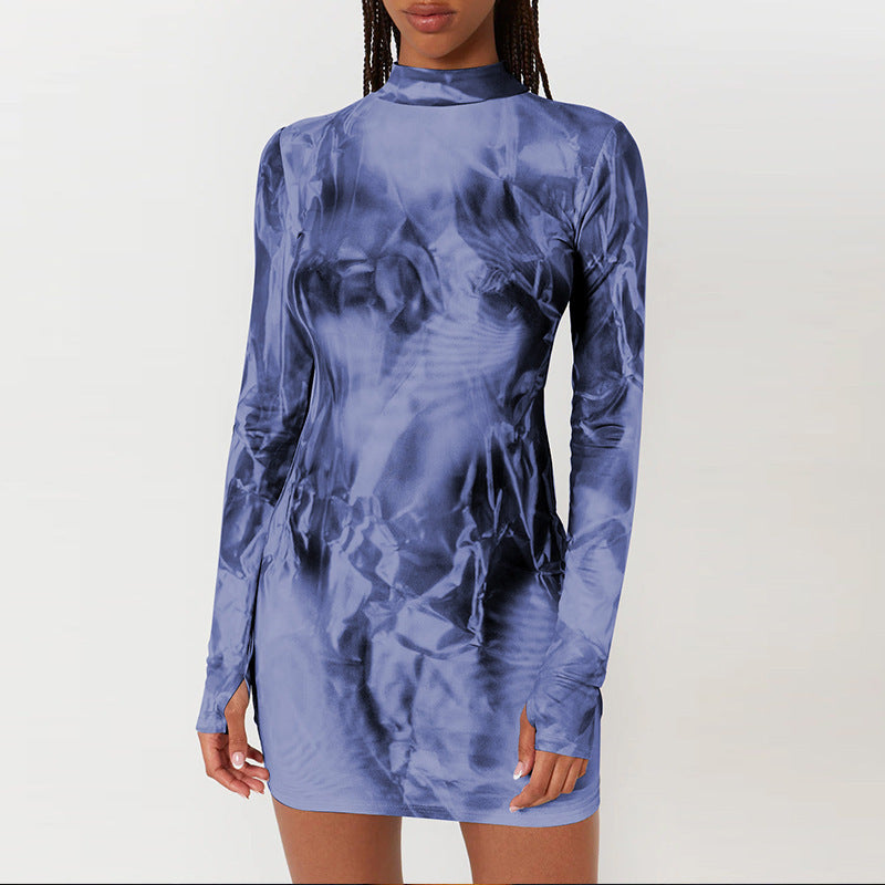 Women Fashion Sexy Printed Round Neck Long Sleeve Dress