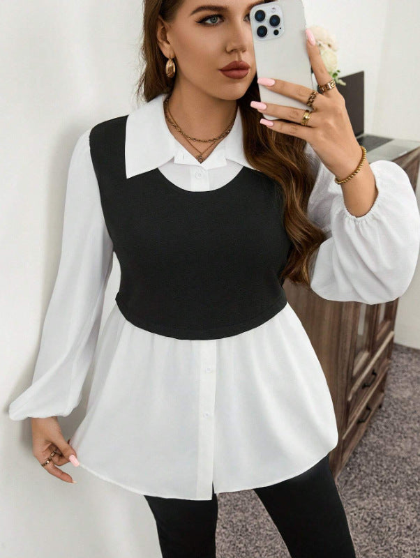 Women Fashion Plus Size Contrast Color Blouse