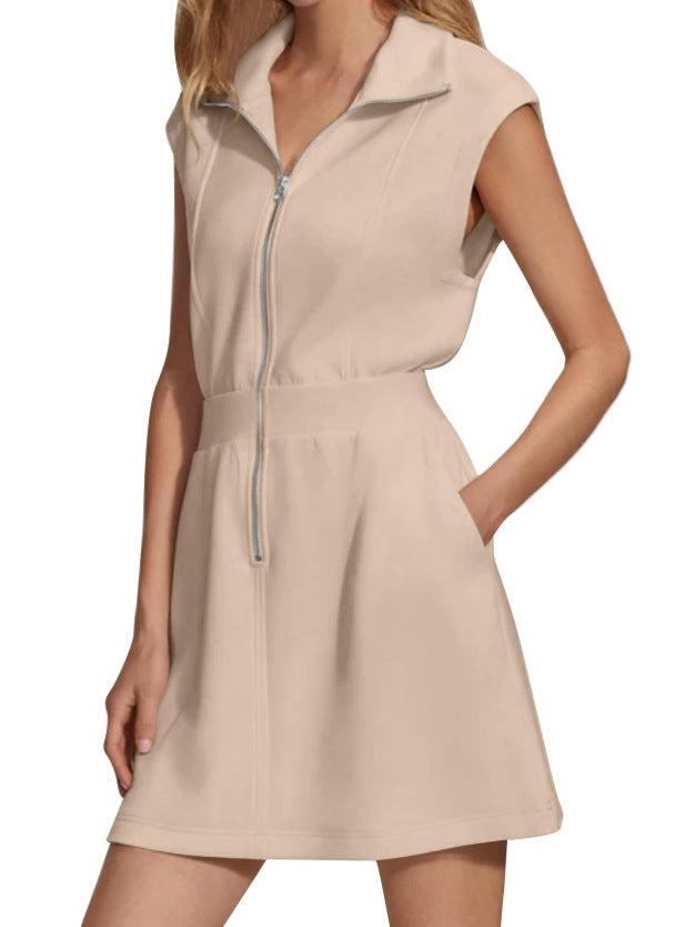 Women Casual Solid Color Sleeveless Dress with Lapel Zipper Pockets