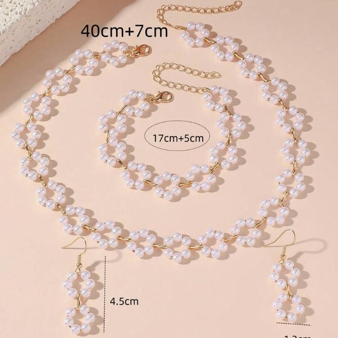 Elegant Pearl Necklace Bracelet Earrings Three-Piece Set - Fashion Jewelry for Women