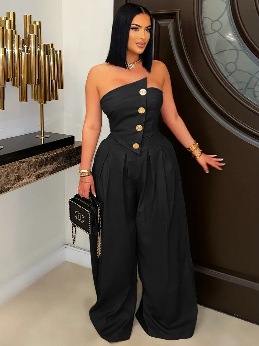 Women Fashion Solid Color Strapless Jumpsuits
