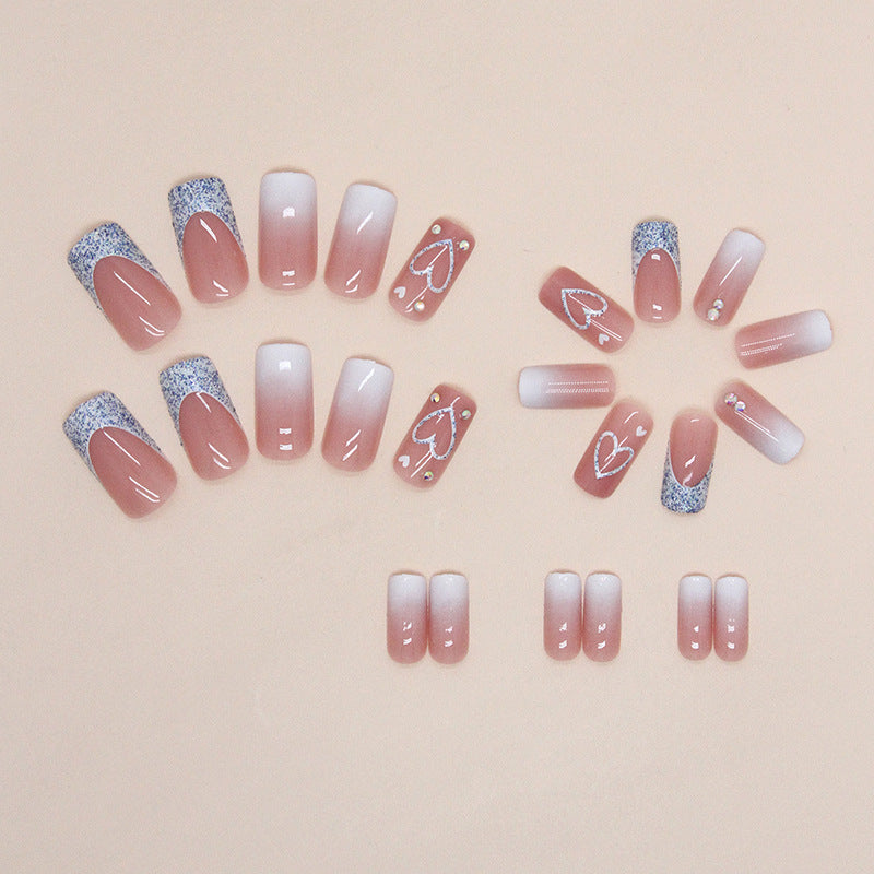 Faux ongles mi-longs carrés et brillants à paillettes, motif cœur blanc dégradé, style French manucure