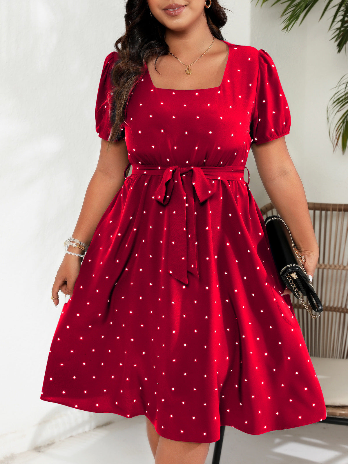 Vestido informal de talla grande con estampado de ondas y cuello cuadrado para mujer