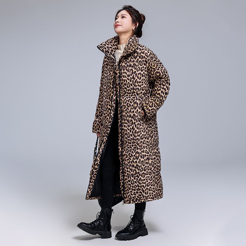 Abrigo largo de invierno con estampado de leopardo, acolchado y mejorado con algodón