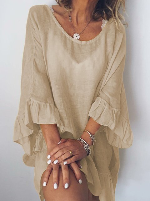 Women Solid Color Stitching Ruffle Sleeves Dress