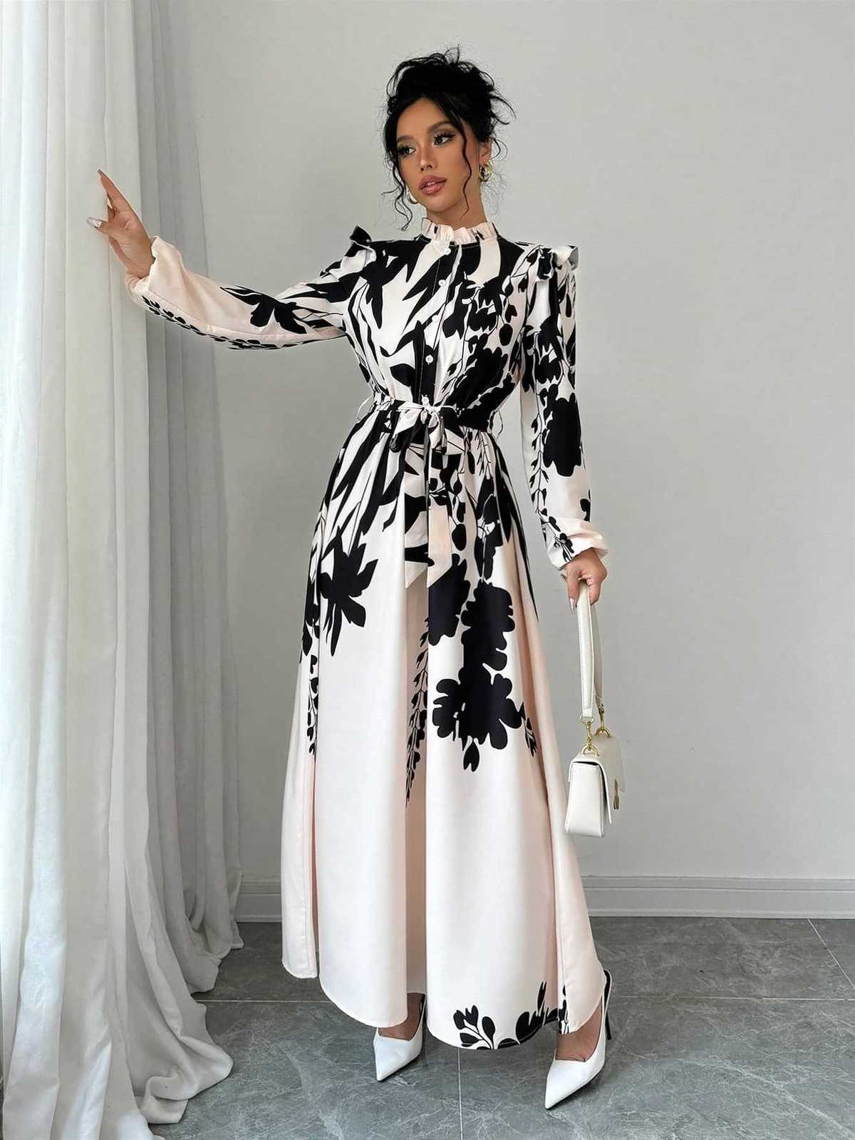 Vestido elegante de manga larga con estampado floral para mujer