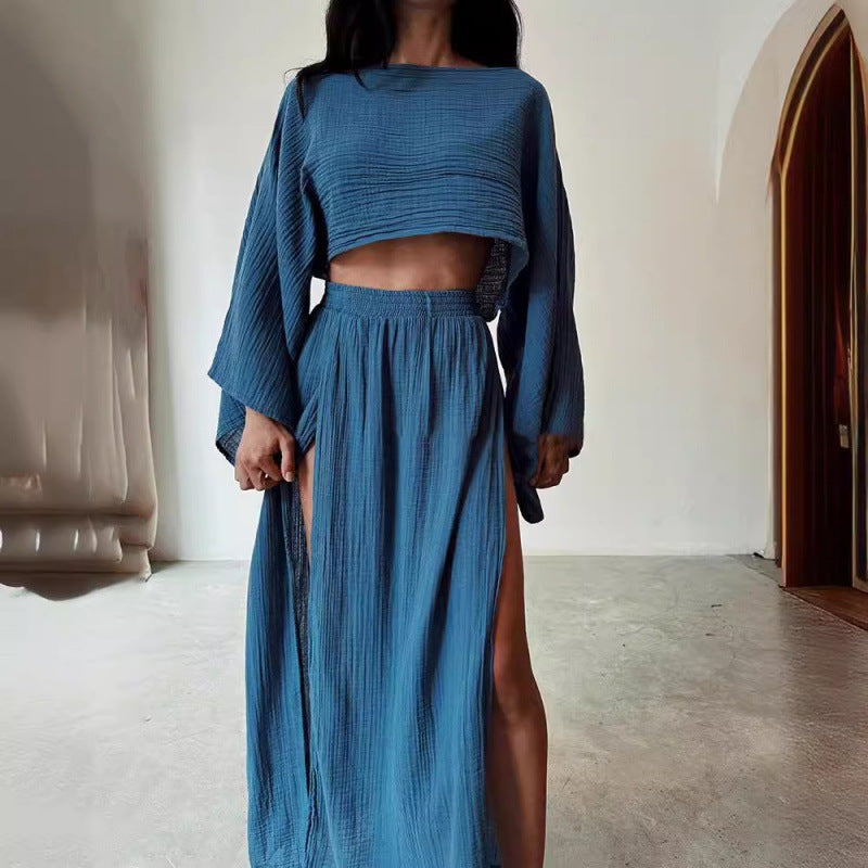 Women Casual Solid Cotton Linen Long Sleeve Crop Top and Skirt Set