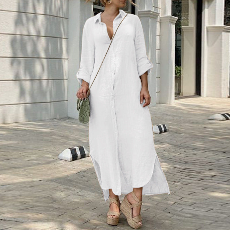 Vestido camisero largo informal de algodón y lino con solapa para mujer