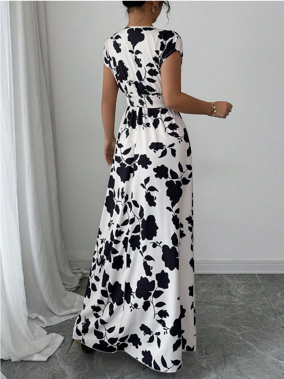 Women Fashion Elegant Floral Printed V-Neck Dress