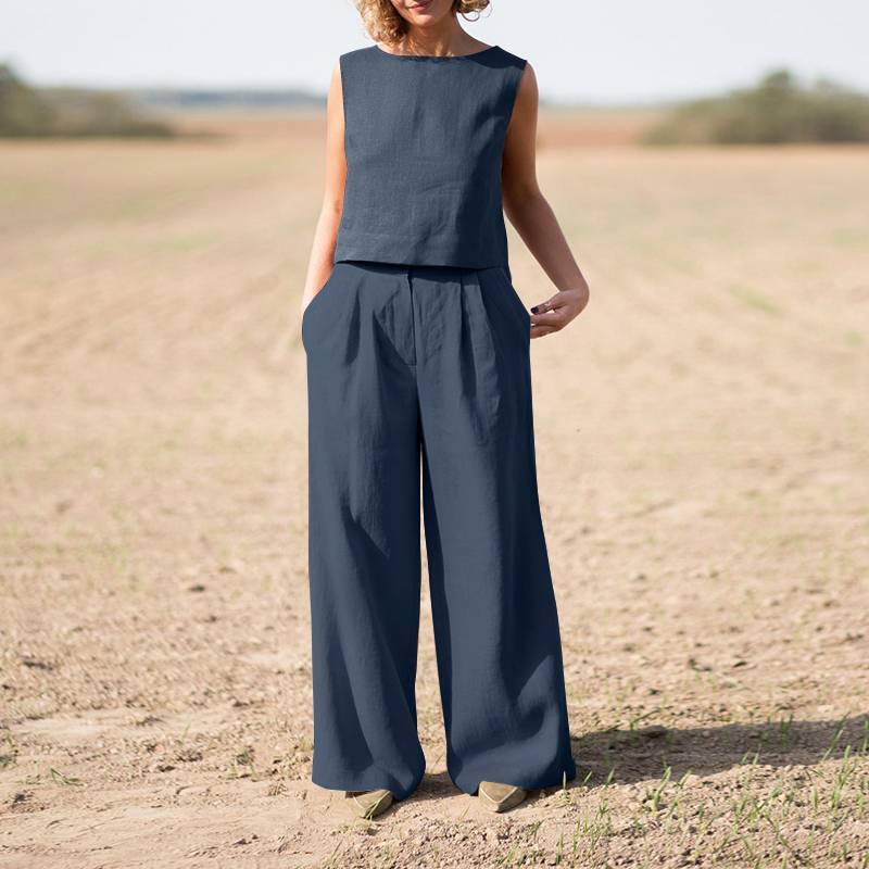 Conjunto informal vintage de algodón y lino para mujer