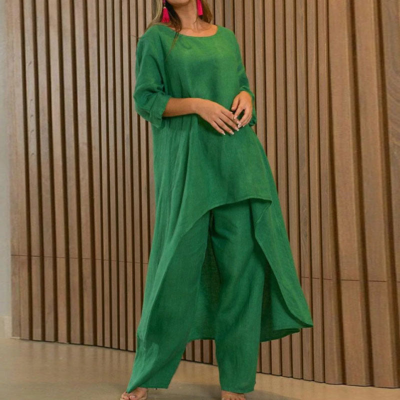 Women Fashion Casual Solid Color Cotton Linen Set