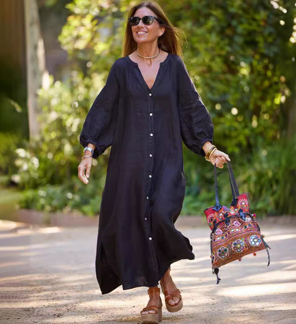 Vestido largo elegante de lino y algodón informal a la moda para mujer
