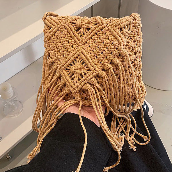 Bolso tejido con borlas estilo bohemio informal para mujer
