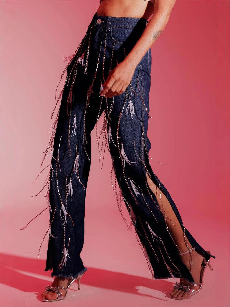 Women Fashion Feather Tassel Split Jeans