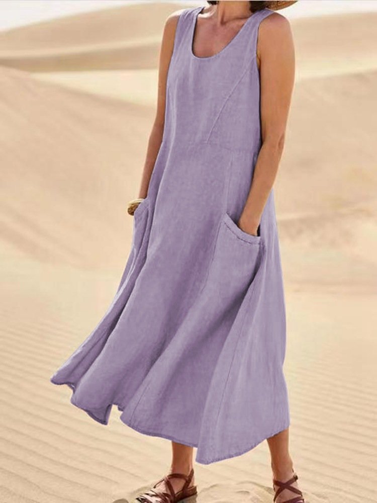 Robe d'été décontractée en lin de couleur unie pour femme