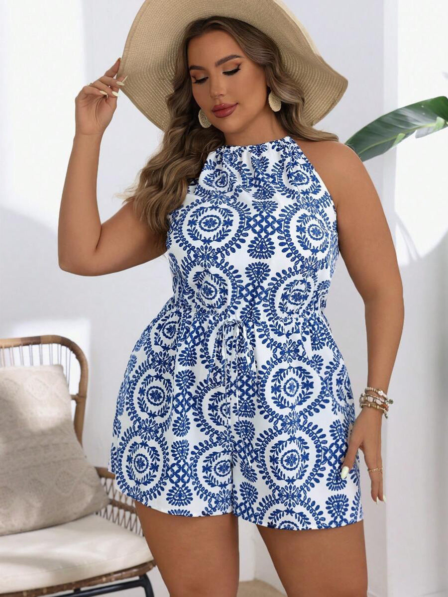 Women Fashion Vacation Plus Size Printed Sleeveless Jumpsuit