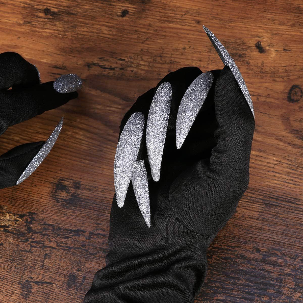 Accessoires de performance pour fête d'Halloween : ongles longs, gants fantômes