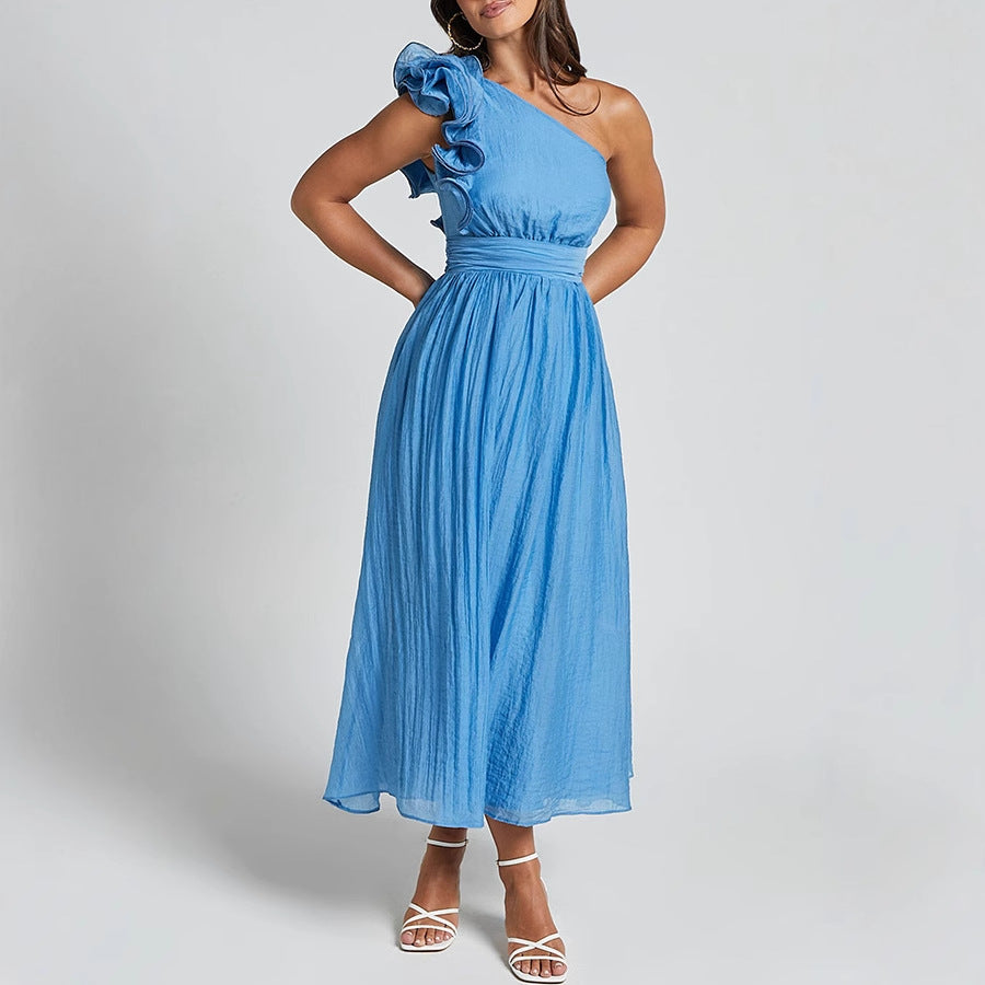 Women Fashion Solid Color Shoulder Backless Dress