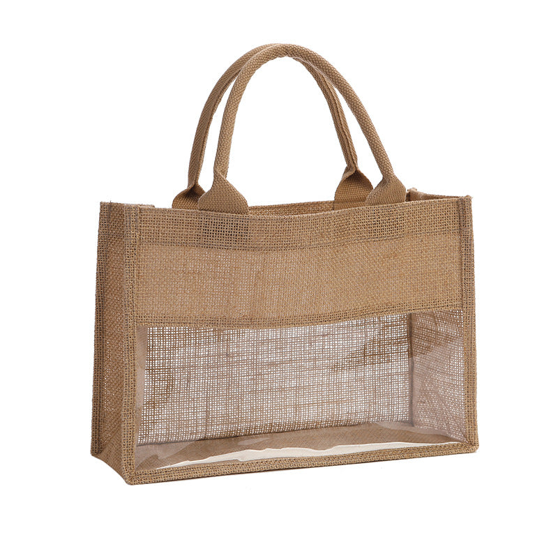 Sac fourre-tout décontracté en lin et jute, patchwork PVC, pour femme