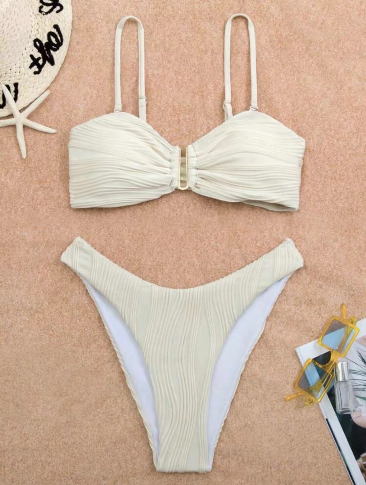 Traje de baño bikini plisado de color sólido sexy de moda para mujer