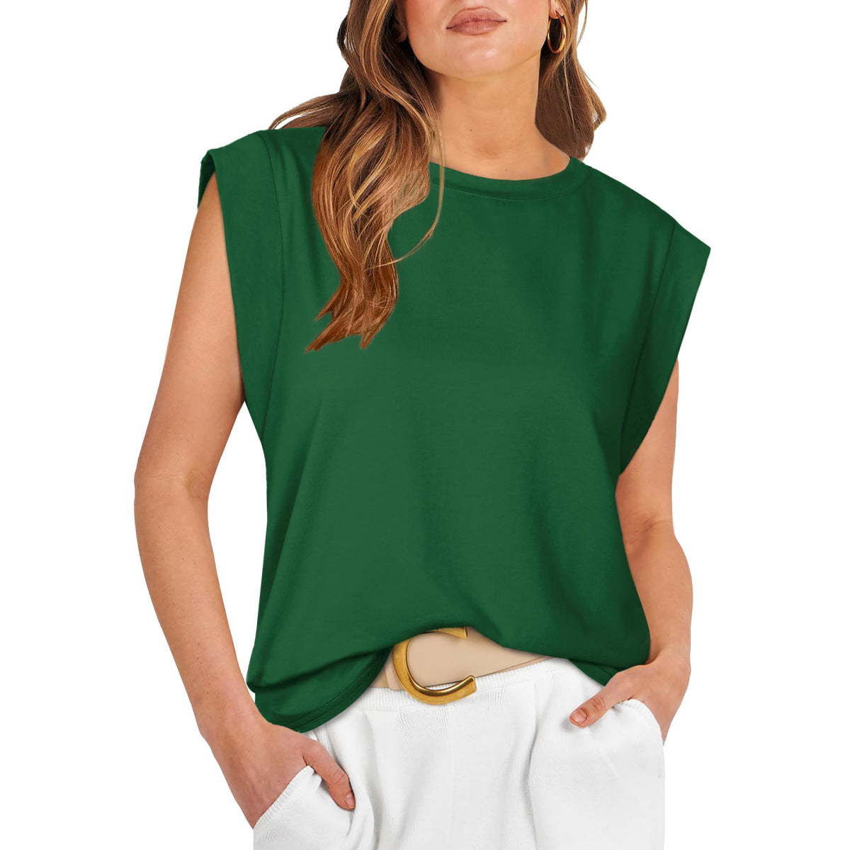 Camiseta holgada informal de verano para mujer, color liso, cuello redondo